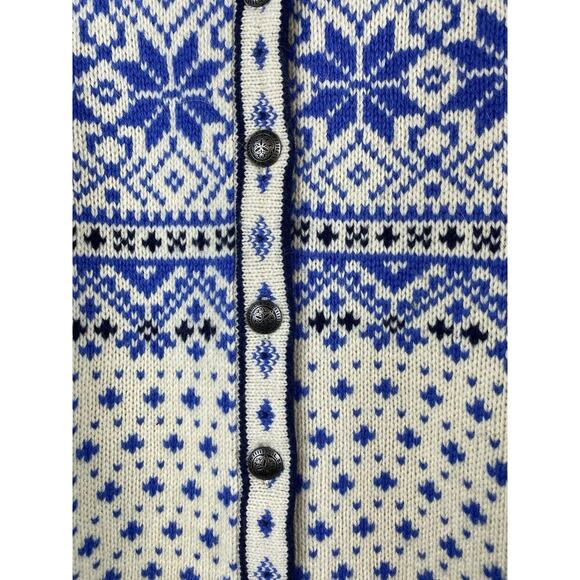 L.L.Bean Sz MP Nordic Fair Isle Sweater Cardigan Blue Ivory Women's Metal Button - Picture 2 of 10